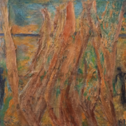 Ursula-Novotny-Schmandt_Suche-nach-Paradies_2026_Materialcollage-Acryl-Rindenbast-auf-Leinwand_30x30x5cm