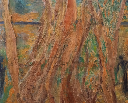 Ursula-Novotny-Schmandt_Suche-nach-Paradies_2026_Materialcollage-Acryl-Rindenbast-auf-Leinwand_30x30x5cm
